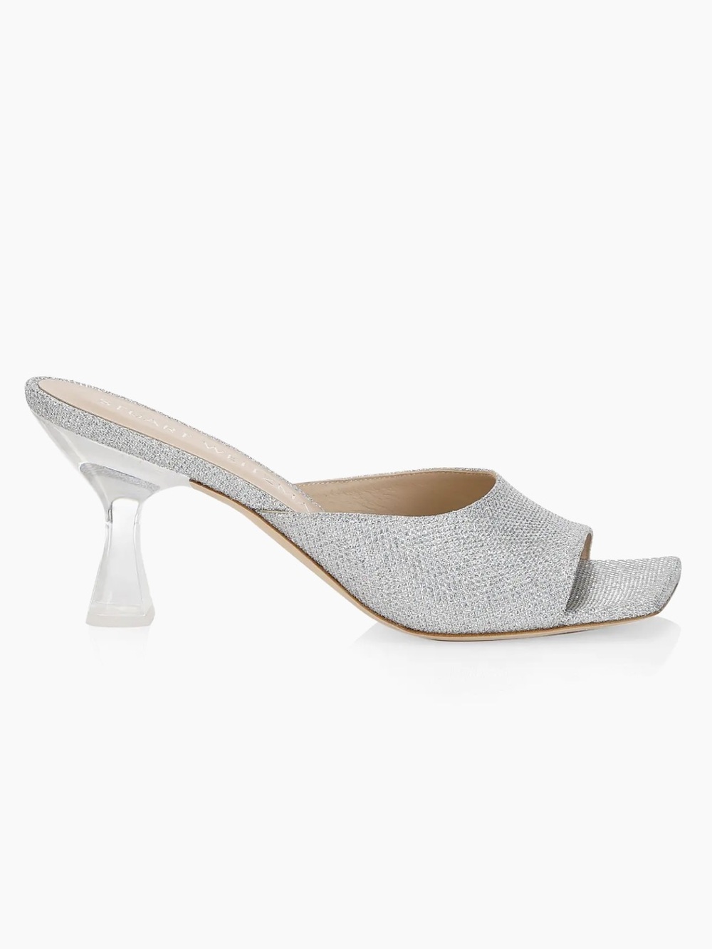 Stuart Weitzman Tia 75 Silver Metallic Mule Sandal w/ Clear Heel. Size 9